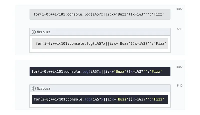 Chatwork標準のコード表示と、シンタックスハイライトで色分けしたコード表示の比較