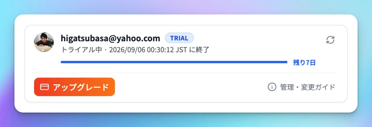 ポップアップがTRIAL表示に変わった状態